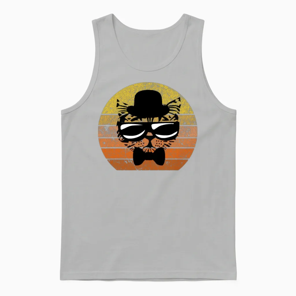 Funny Retro Cat with Sunglasses and Bow Tie Retro Unisex Tank Top in Ash