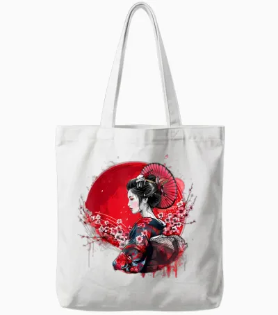 Japanese Kimono Geisha Sakura Cherry Blossom Japanese Art T-Shirt, Black, S Tote Bags - White