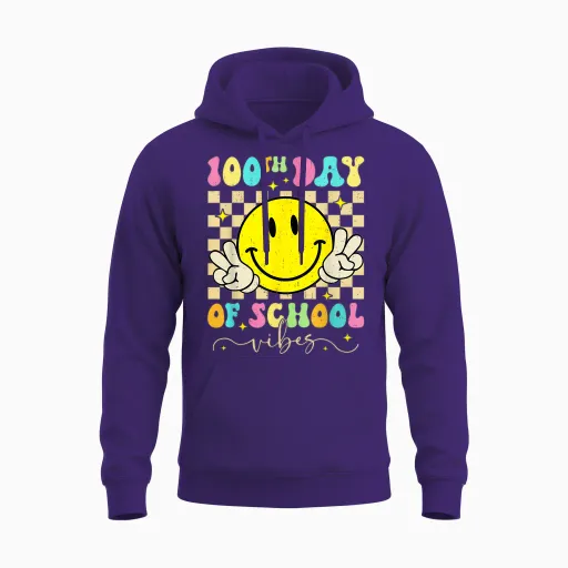 100th Day of School Vibes Cute Smile Face 100 Days of School T-Shirt, Black, S Unisex Hoodie - Purple