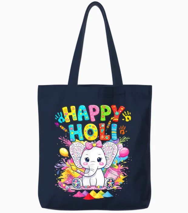 Happy Holi 2026 T Shirts Holi Festival of Colors Kids Girls Tote Bags in Navy