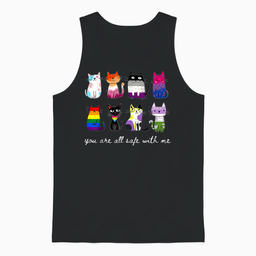 You Are All Safe with Me Cute Cat Pride Month Lgbt Support Unisex Tank Top in Black