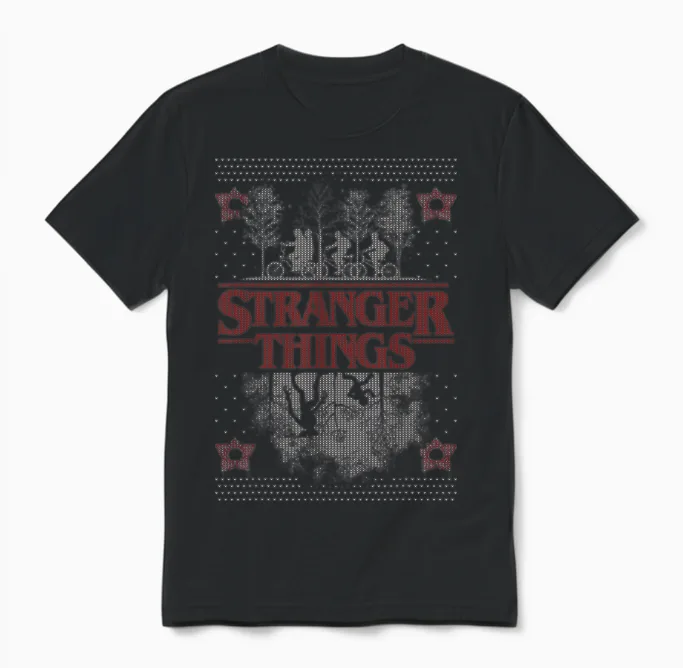 Netflix Stranger Things Ugly Christmas Sweater Style Unisex T-Shirt in Black