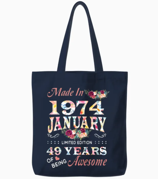 January 1974 Flower 49 Years of Being Awesome Tote Bags in Navy