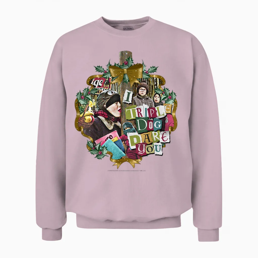 A Christmas Story I Triple Dog Dare You Collage Wreath Unisex Sweatshirt in Light Pink