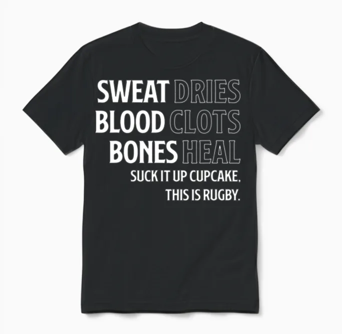 Funny Rugby Sports Lover Gift Sweat Blood Bones Unisex T-Shirt in Black
