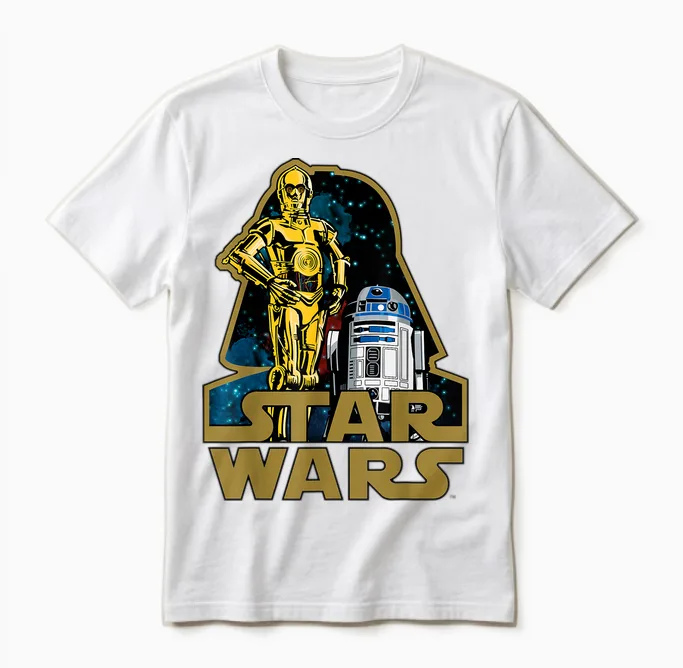Star Wars C-3po R2-D2 Droids of Vader's Shadow Badge Unisex T-Shirt in White