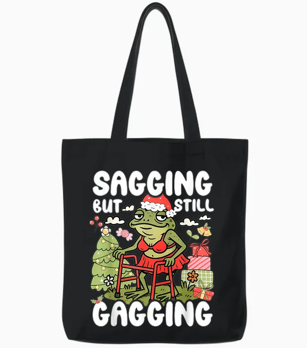 Sagging but Still Gagging Frog Funny Cringe Meme Christmas Tote Bags in Black