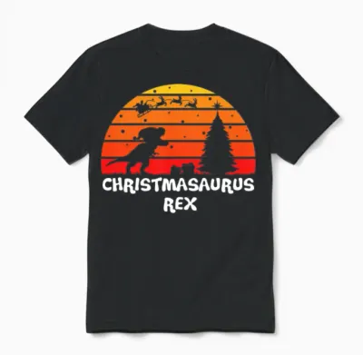 Christmasaurus Rex Retro Sunset Unisex T-Shirt - Black