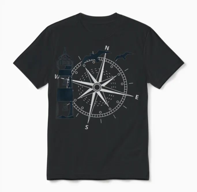 Segeln Kompass Windrose Leuchtturm Unisex T-Shirt in Black
