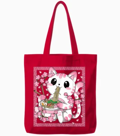 Japanische Anime Katze Ramen Nudeln Manga Kawaii Mädchen Tote Bags - Red