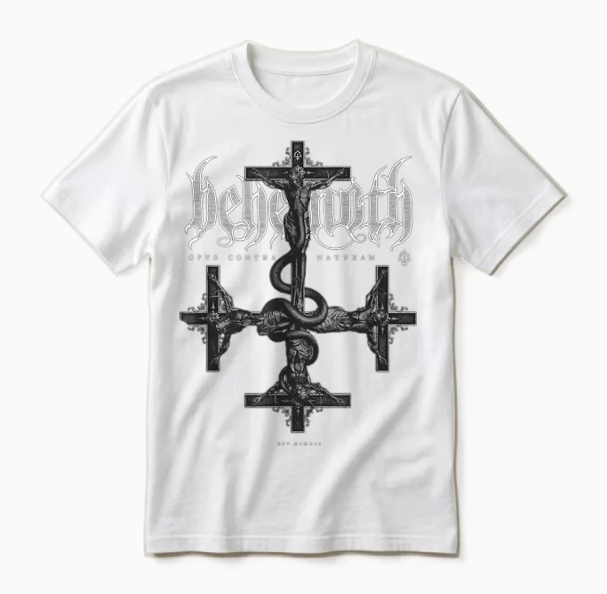 Behemoth Opus Grey Cross T-Shirt, Black Unisex T-Shirt in White