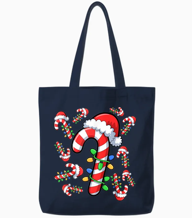 Red and White Candy Cane Santa Christmas Xmas Lights Tote Bags in Navy
