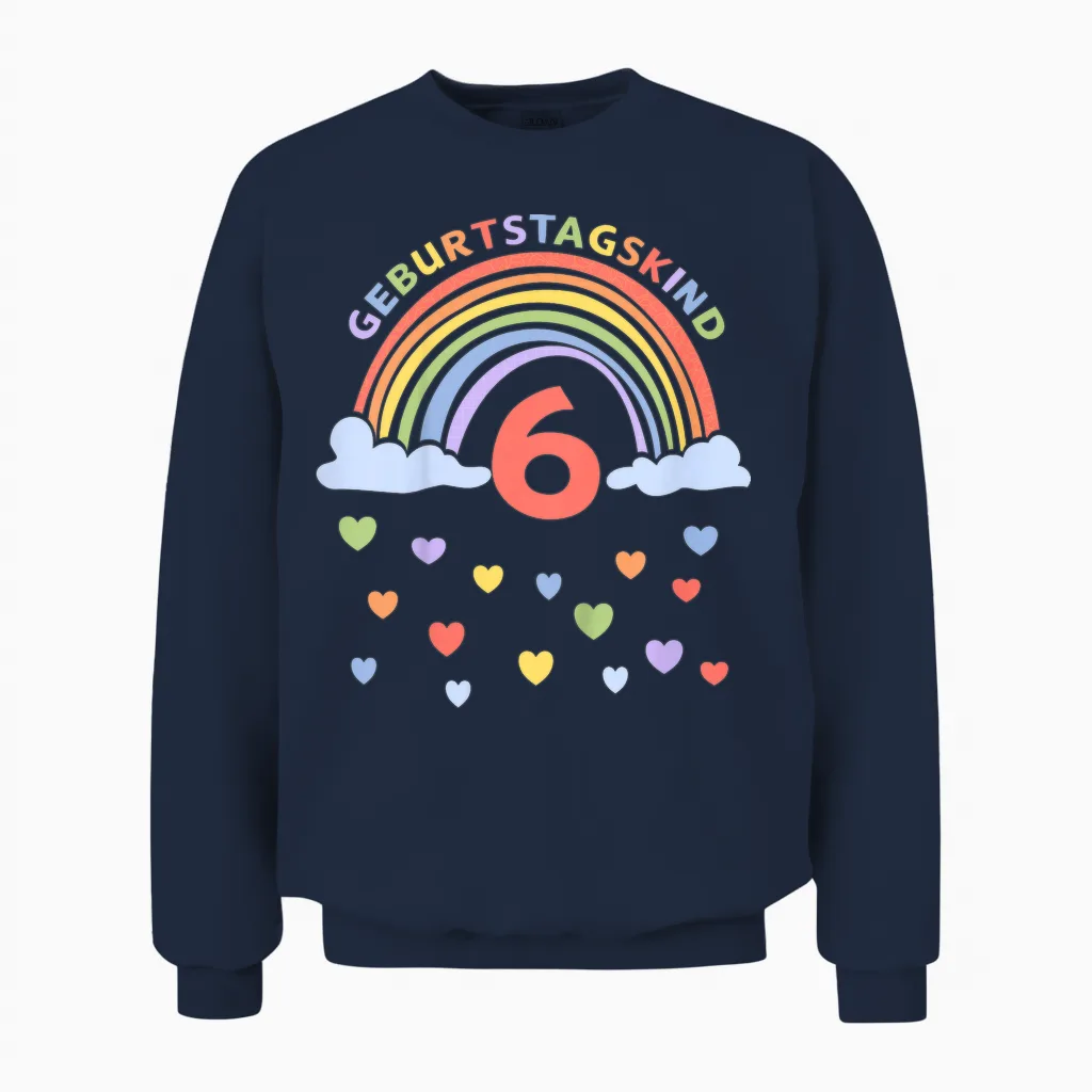 Children's 6 Years Sixth Birthday Rainbow T-Shirt, Black Unisex Sweatshirt in Navy
