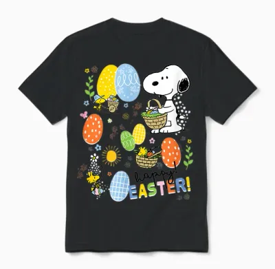 Snoopy & Woodstock Merry Easter Grid Unisex T-Shirt - Black