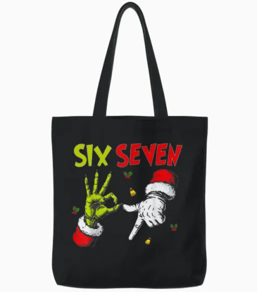 Six Seven Santa Hand Funny Viral Meme 67 Theme 6 7 Christmas Tote Bags - Black