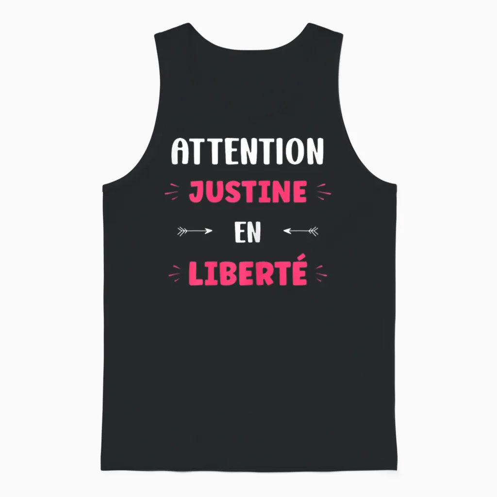 Attention Justine in Freedom Name Quote Funny Justine T-Shirt, Black, Female X-Small Unisex Tank Top in Black