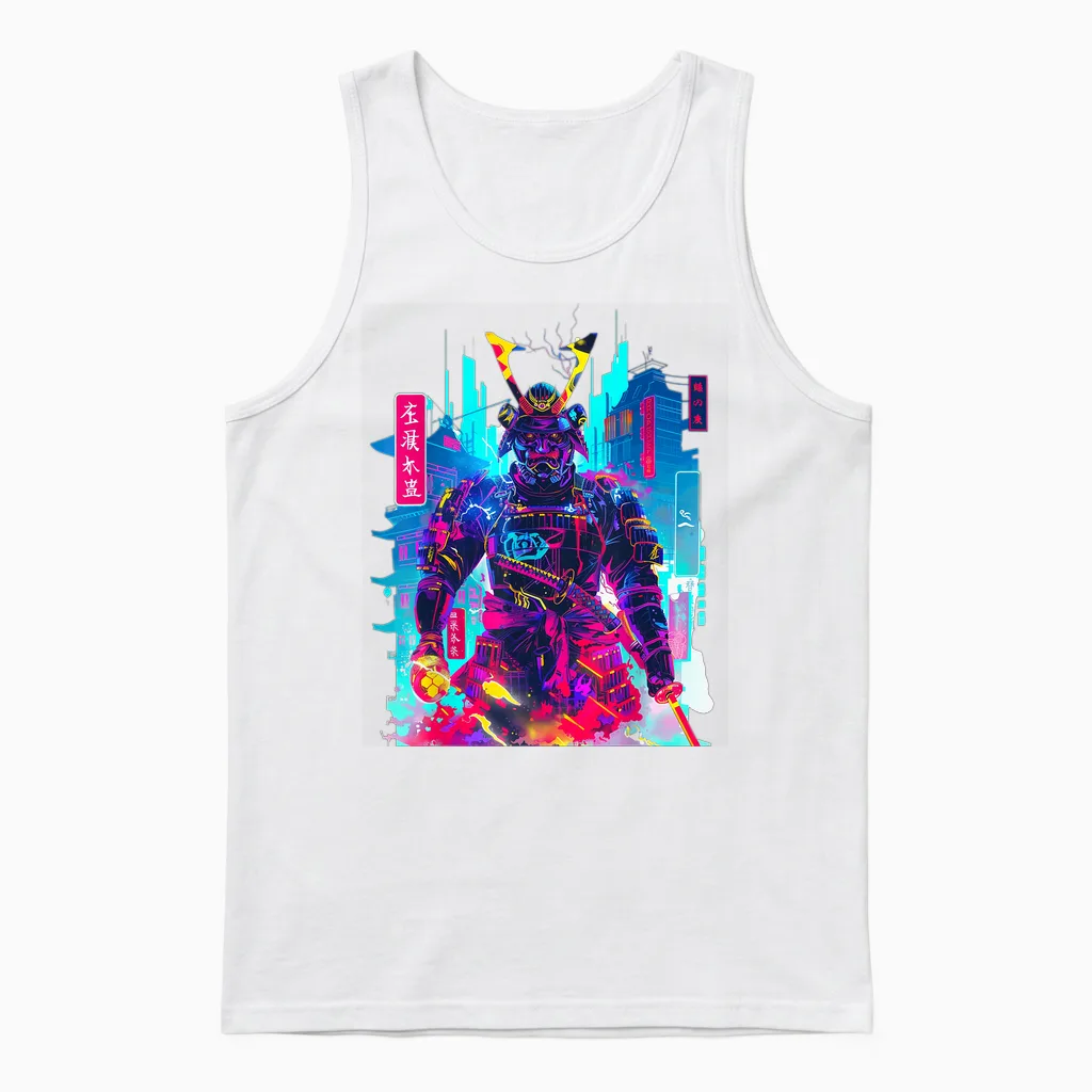Cyberpunk Neon Samurai Japanese Art Unisex Tank Top in White
