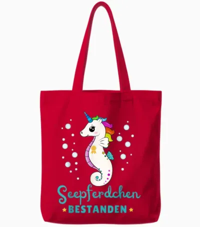 Children's T-Shirt Seahorse Passed Early Swimmer Badge, Black Tote Bags - Red