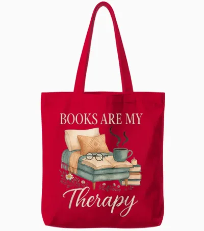 Books Are My Therapy Cozy Reading Nook Aesthetic Tote Bags - Red