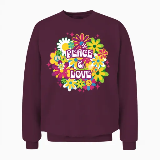 Peace Love 70s Retro Floral Happy Face Flower Groovy Women's T-Shirt, Blue, S Unisex Sweatshirt - Maroon