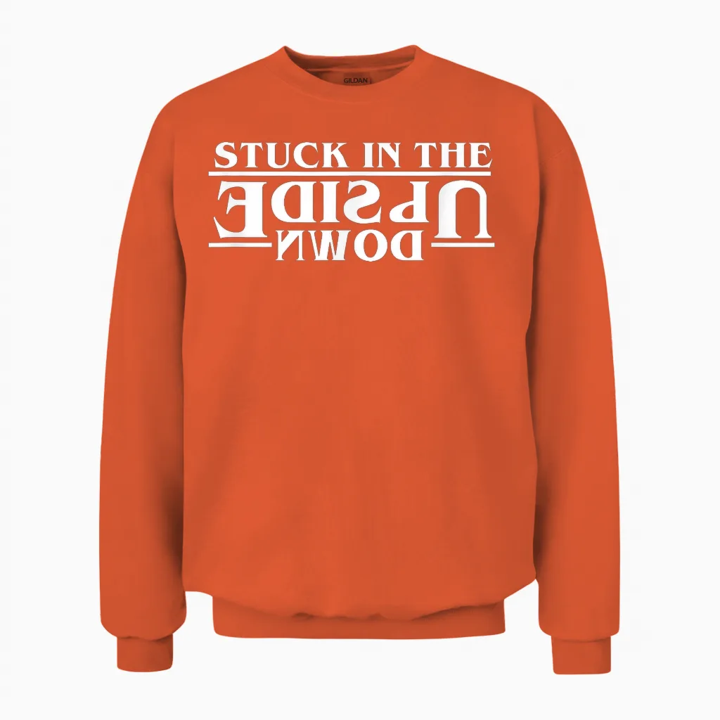 Stranger Things Stuck in the Upside Down White Letter Logo Unisex Sweatshirt in Orange