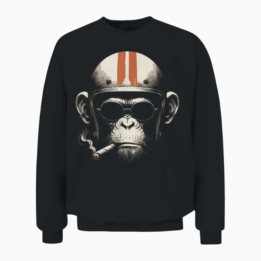 Cigar Smoking Monkey Retro Vintage Motorcycle Helmet Unisex Sweatshirt in Black