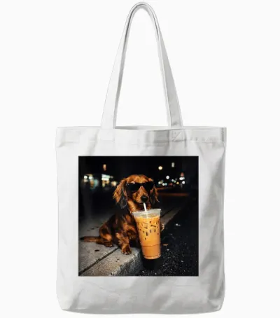 Funny Dachshund Drinking Iced Coffee Cute Dog Meme Humor Tote Bags - White