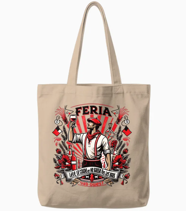Feria Sud Ouest Elbow Raise Aperitif Red White Bayonne Dax T-Shirt, White, S Tote Bags in Natural