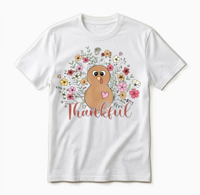 Thankful Floral Turkey Natural Cute Thanksgiving Unisex T-Shirt in White