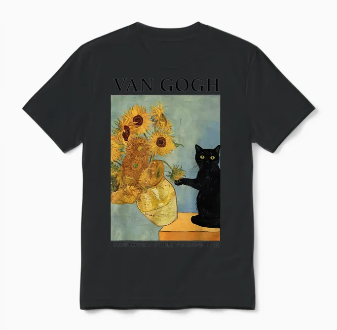 Van Gogh Black Cat with Sunflowers Funny Cat Unisex T-Shirt in Black