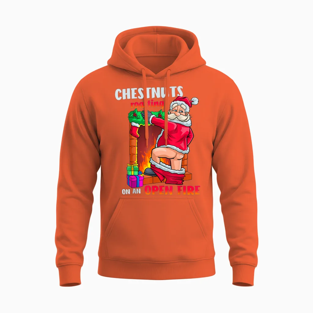 Chest Nuts Roasting Funny Naughty Santa Dirty Food Pun Xmas Unisex Hoodie in Orange