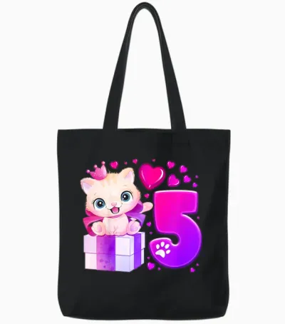 5. Geburtstag, Mädchen 5 Jahre, Katze, Nummer 5 Tote Bags - Black