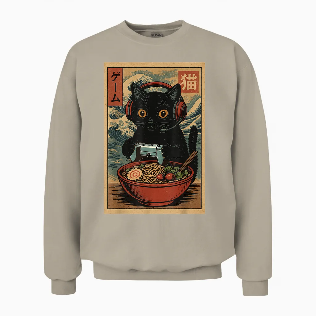Cute Kawaii Gamer Cat Funny Ramen Retro Japanese Cat Gaming Unisex Sweatshirt in Sand
