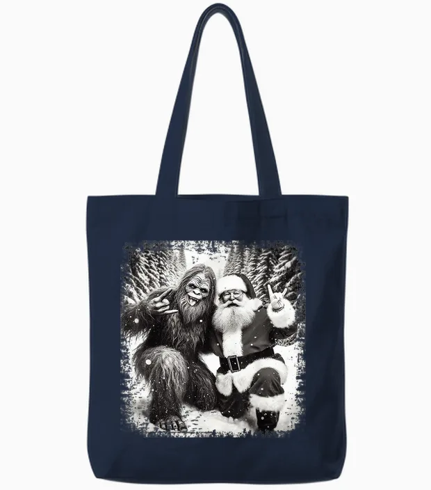 Santa with Bigfoot Christmas Lights Funny Sasquatch Believe Tote Bags in Navy