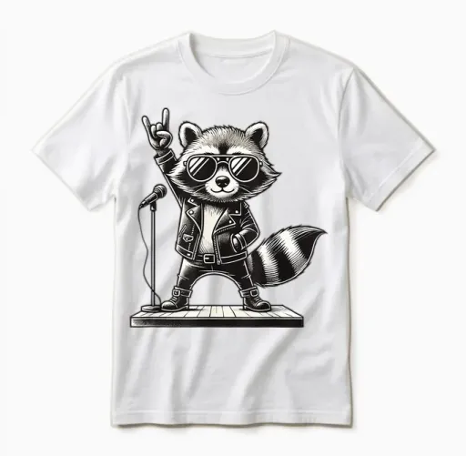 Rock Music & Rocker, Rock Hand, Kids & Boys, Funny Raccoon T-Shirt, Black, S Unisex T-Shirt in White