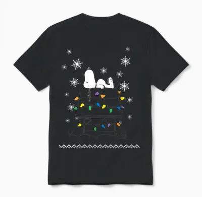 Peanuts Holiday Snoopy Dog House Lights Short Sleeve Unisex T-Shirt - Black