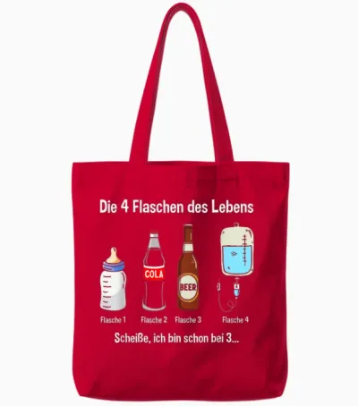 T-Shirt with German Text "die 4 Flaschen Des Leben" [german Language] Funny Party, Black Tote Bags - Red