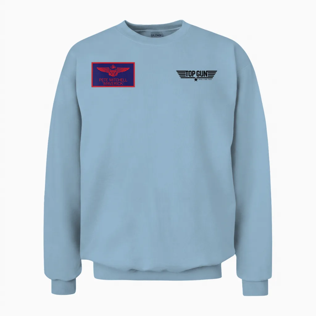 Top Gun Pete Mitchell Maverick T-Shirt Chest Badge, Grey, S Unisex Sweatshirt in Light Blue