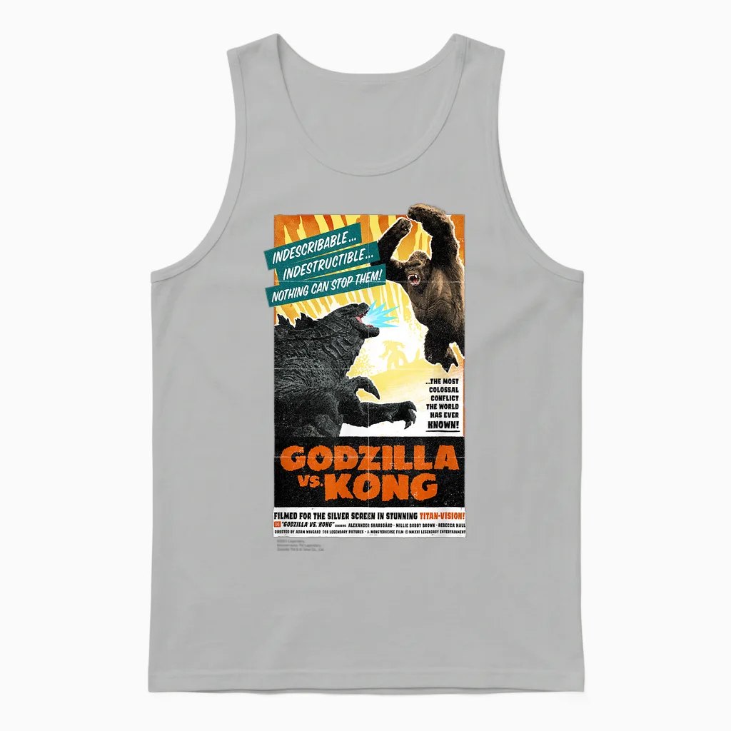 Monsterverse Godzilla vs Kong - Titan-Vision Retro Poster Unisex Adults Kids Black Short Sleeve Unisex Tank Top in Ash
