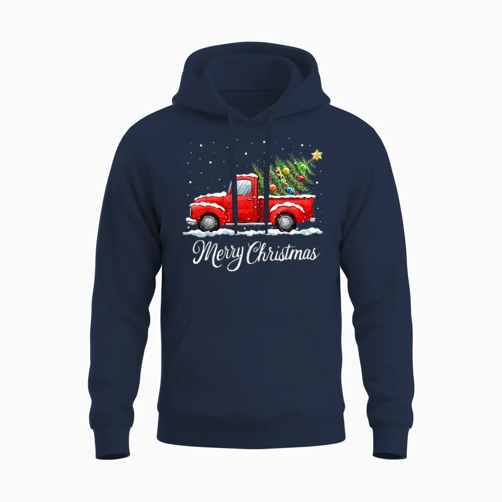 Vintage Merry Christmas Red Truck Old Fashioned Christmas Unisex Hoodie in Navy