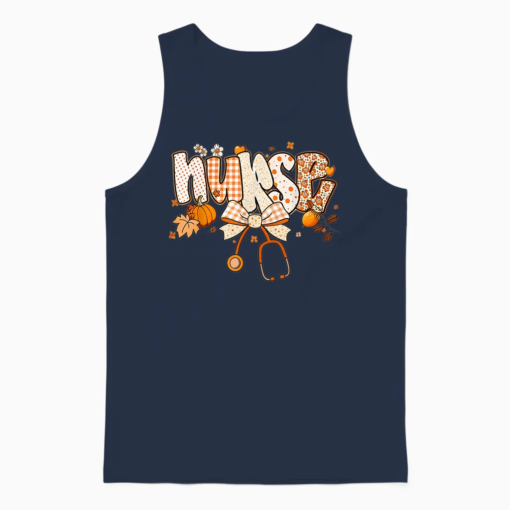 Retro Pumpkin Nurse Life Stethoscope Fall Autumn Funny Nurse Unisex Tank Top in Navy