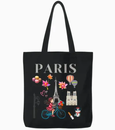 Pretty Girl on a Bike in Paris, Eiffel Tower, French Souvenir T-Shirt, Black, Female X-Small Tote Bags - Black
