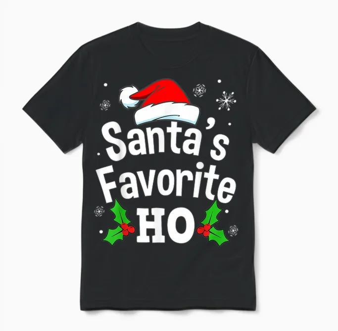 Funny Christmas Santa's Favorite Ho Naughty Pajama Black Unisex Adult Cotton Polyester Short Sleeve T-Shirt Small Unisex T-Shirt in Black
