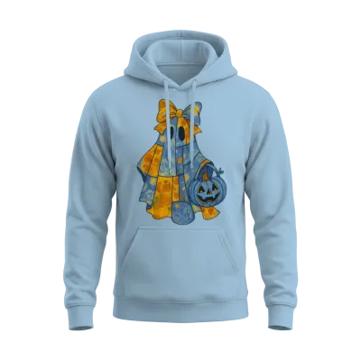 Quilted Ghost with Big Bow and Pumpkin Halloween Unisex Hoodie - Light Blue