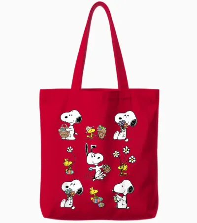 Peanuts Snoopy Woodstock Easter Spring Pattern T-Shirt, Gray Tote Bags - Red