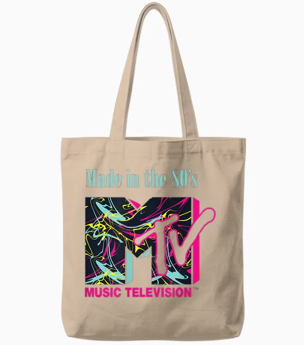 Mademark X Mtv - the Official Mtv Logo with Abstract Funky New Wave Lines Tote Bags in Natural
