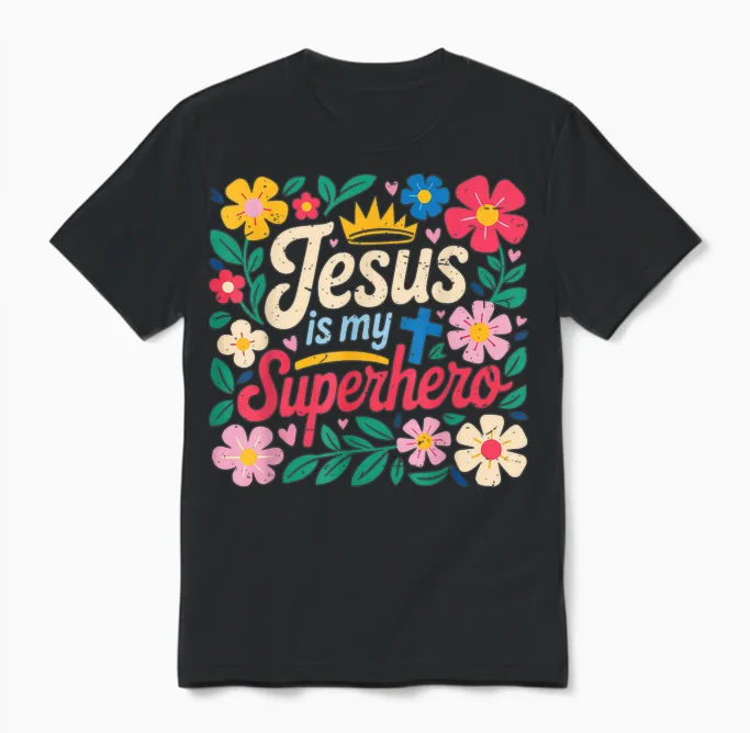 Girls Jesus Is My Superhero Christian Toddler Sister God Mom Unisex T-Shirt in Black
