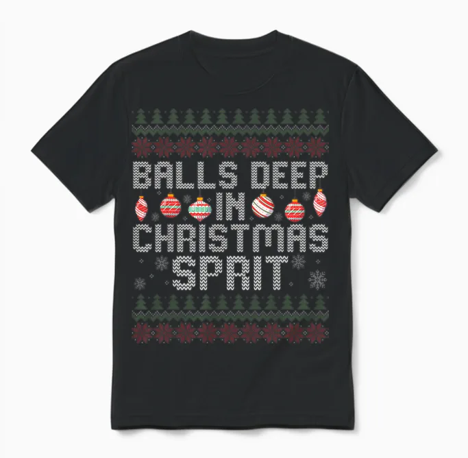 Balls Deep in the Christmas Spirit Matching Couples Ugly Unisex T-Shirt in Black