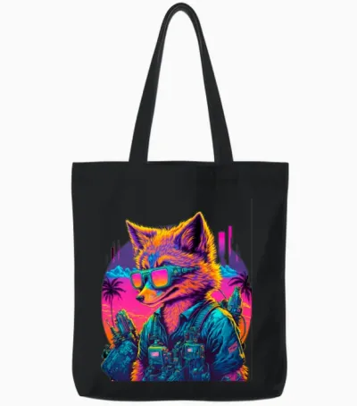 Retro Futuristic Synthwave Fox Tote Bags - Black