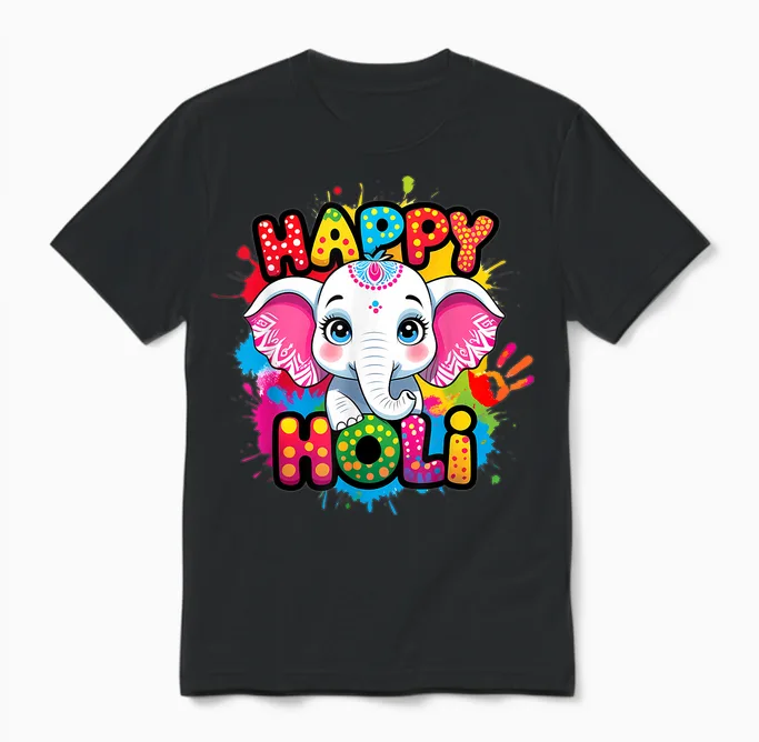 Happy Holi Kids Boys Toddler Girl India Hindu Color Elephant Unisex T-Shirt in Black